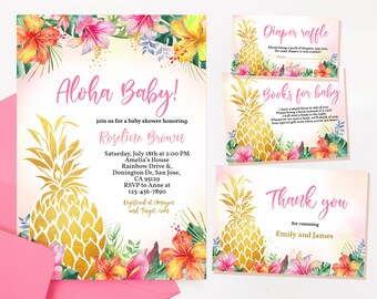 May include: A pink and white baby shower invitation with a gold pineapple design and tropical flowers. The invitation says "Aloha Baby!" and includes the details for the shower, including the date, time, location, and RSVP information.