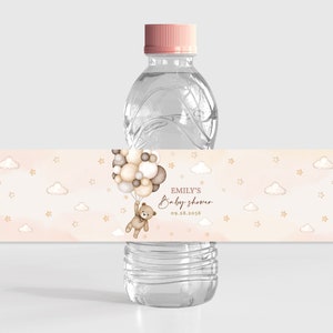 Etiqueta para botella de agua con forma de osito de peluche, etiquetas para bebidas para baby shower, decoración para fiesta de primer cumpleaños, calcomanía impermeable azul, plantilla editable BS21E