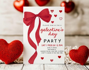 Galentines Day Party Invitation Coquette Bow Invite Girls Night Doodle Hand Drawn Valentine Brunch Dinner Red Ribbon Hearts EDITABLE HL76R