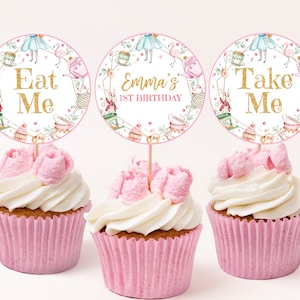 Alice in Wonderland Cupcake Topper Alice in Onerderland Girl First 1st Birthday Decor Mad Hatter Tea Party Pink Gold Floral EDITABLE BT11W