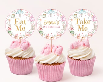 Alice in Wonderland Cupcake Topper Alice in Onerderland Girl First 1st Birthday Decor Mad Hatter Tea Party Pink Gold Floral EDITABLE BT11W