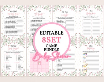 May include: A set of eight printable baby shower games with pink and green floral designs. The games include "Who Knows Mommy Best", "Find the Guest", "The Price is Right", "ABCs Baby Game", "What's in Your Purse", "Emoji Pictionary", and a bingo card.