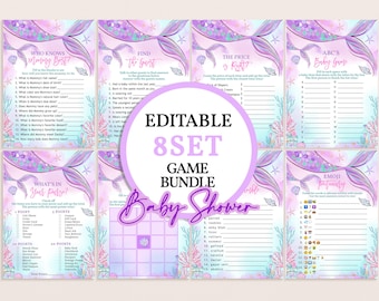 Mermaid Baby Shower Bundle Under The Sea Games Set Princess Magical Purple Teal Gold Pink Tail Printable Emoji Bingo Word Scramble BS37V