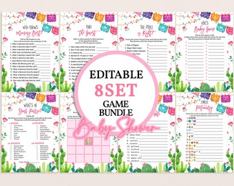 Fiesta Baby Shower Games Set Mexican Flowers Cactus Succulent Girl Baby Shower Bundle Cinco De Mayo Printable Emoji Bingo Word Scramble BS54