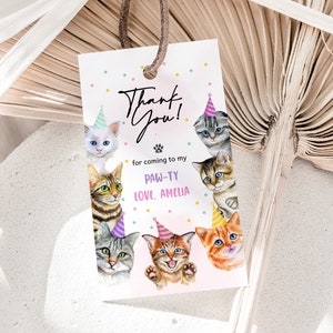 Étiquettes de cadeau d'anniversaire chat, 1er anniversaire de fille, étiquettes de remerciement rose Kitty Cat, fêtards, étiquettes pour cadeaux imprimables BT80P