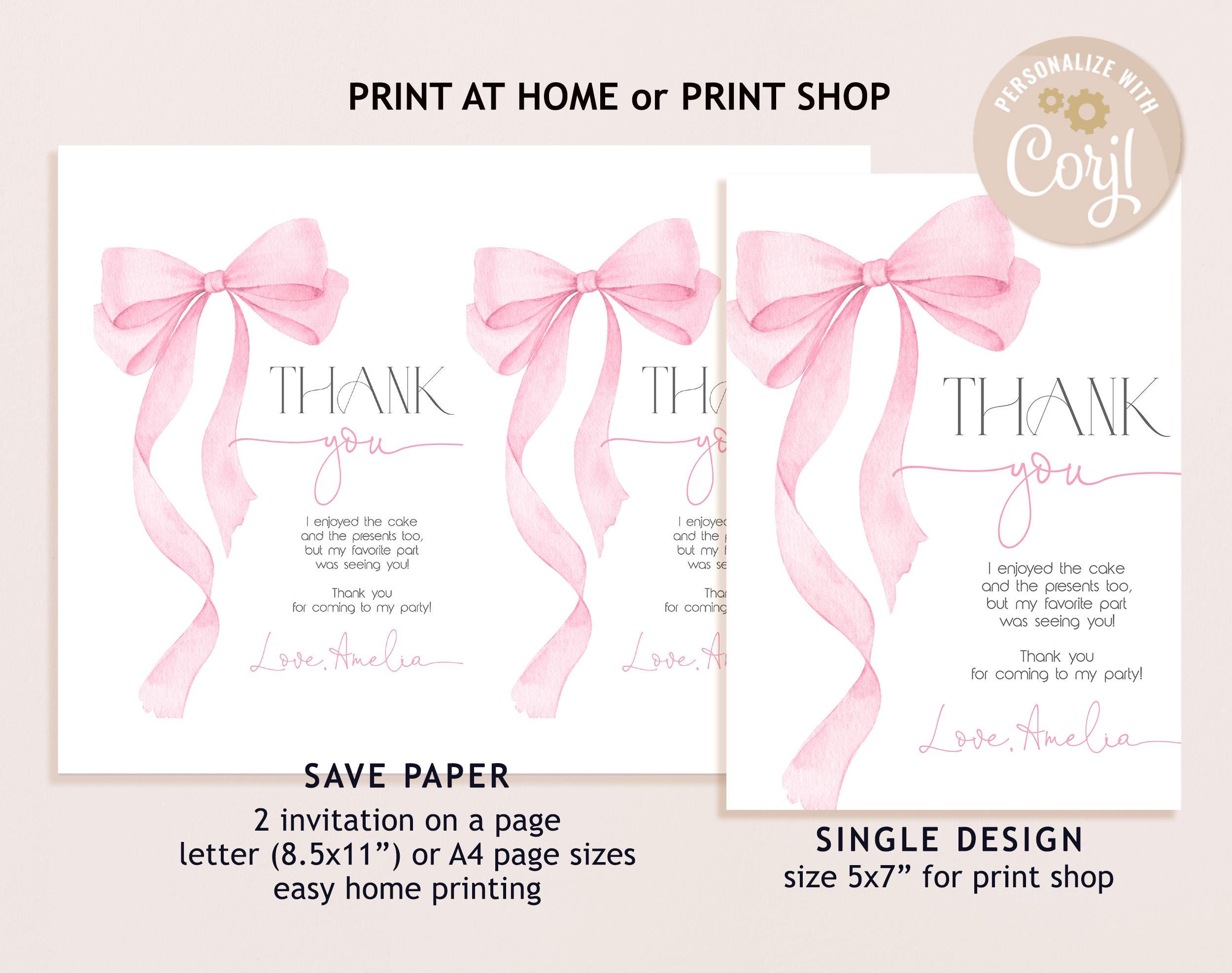 Pink Bow Baby Shower Thank You Card Coquette Girl 1st Birthday Note ...