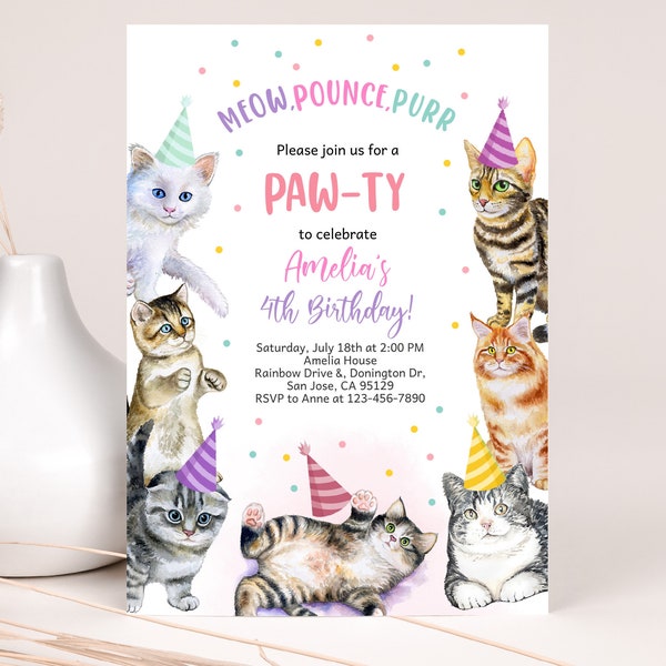 Cat Invitation Birthday Party Invites Kitty Pawty Girl Kids Meow Pounce Purr Pet Adoption Kitten Animal EDITABLE Digital Template BT80