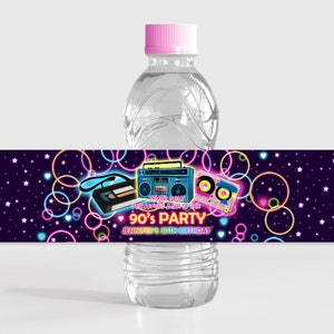 Étiquette de bouteille d'eau de fête des années 90, 40e anniversaire, décoration des années 80, dos rétro des années 90, néon lueur disco, danse hip hop, étiquette de boisson imprimable BT49