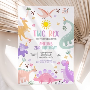 Pastel Dinosaur Birthday Invitation Two Rex 2nd Birthday Party Invite Pink Purple Cute Dino Jurassic Jungle Wild Animals EDITABLE BT98