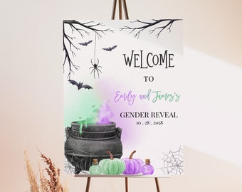 Halloween Gender Reveal Welcome Sign A Baby is Brewing Witch Baby Shower Poster Green Purple Cauldron Party He or She Porch EDITABLE BS66X