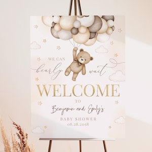 Teddybär-Babyparty-Willkommensschild Tan Brown Bear Poster Wir können Bearly warten Boho Beige Luftballons Party Yard Zeichen EDITIERBARE Vorlage BS21E