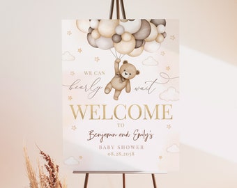 Teddy Bear Baby Shower Welcome Sign Tan Brown Bear Poster We Can Bearly Wait Boho Beige Balloons Party Yard Sign EDITABLE Template BS21E