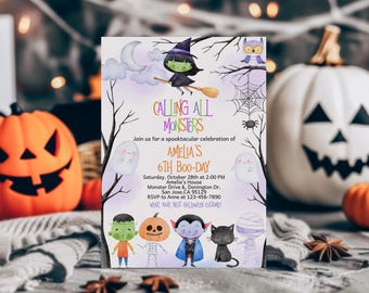 May include: Halloween party invitation featuring a witch, owl, and spiderweb illustration. The invitation reads "Calling All Monsters" and includes details for a 6th Boo-Day party, with cartoon monsters and pumpkins.
