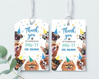 Bedankkaartjes hond 1e verjaardag decor blauwe puppy Pawty cadeaukaartjes Huisdieradoptie Feestbeesten Kom zitten, blijf bedankt Afdrukbaar BT51B