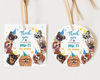 Bedankkaartjes hond 1e verjaardag decor blauwe puppy Pawty cadeaukaartjes Huisdieradoptie Feestbeesten Kom zitten, blijf bedankt Afdrukbaar BT51B
