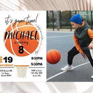 Convite de aniversário de basquete com foto, convite para festa de aniversário de menina e menino, time esportivo All Star Athletic, qualquer idade, é hora do jogo, editável BT13W
