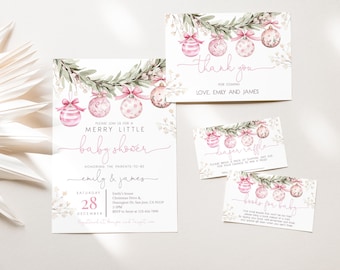 May include: A collection of baby shower stationery with a watercolour design. The invitation and thank you cards feature pink baubles, greenery, and the text "Merry Little Baby Shower." Additional cards include "Diaper Raffle" and "Books for Baby."