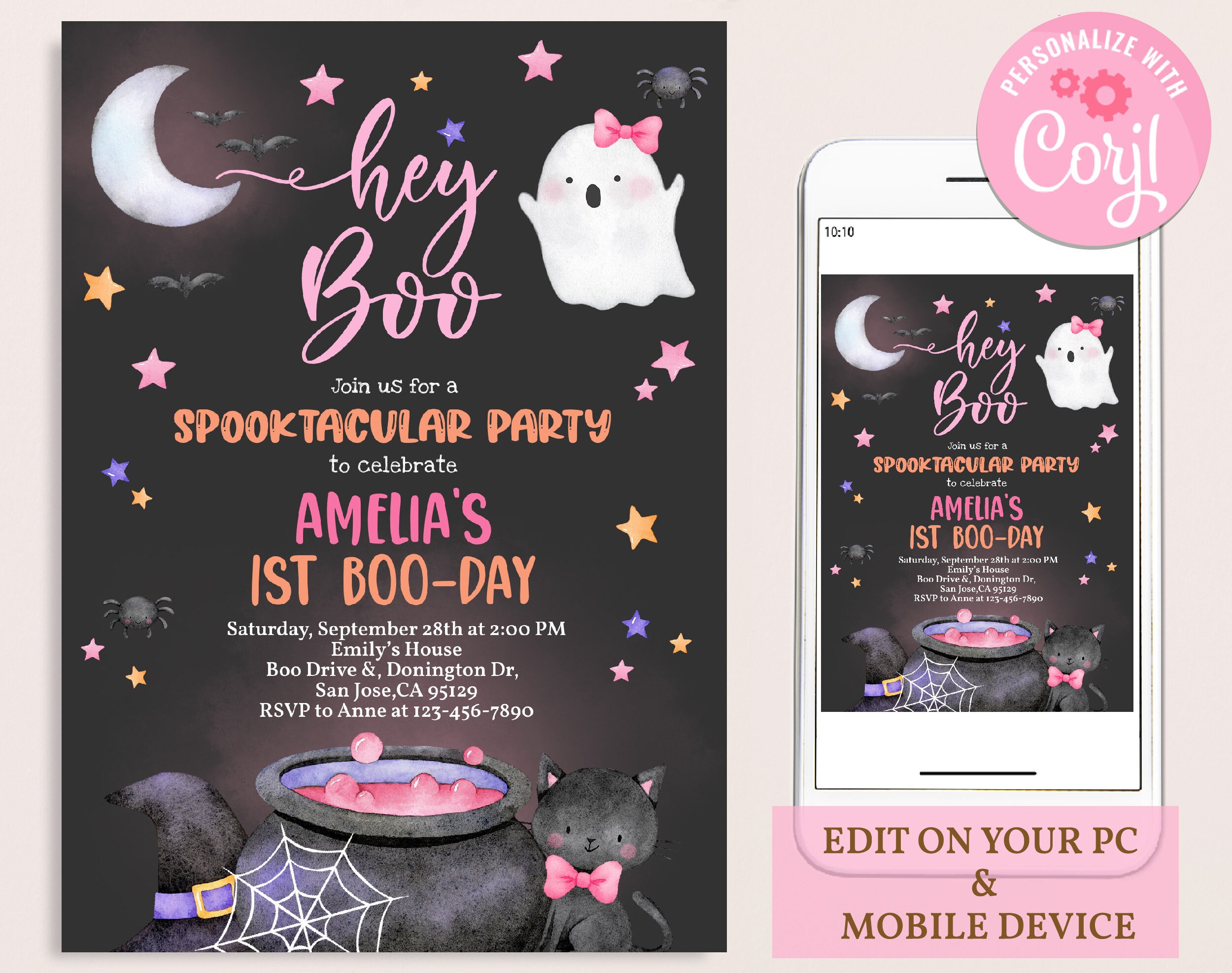 Hey Boo Invitation, Halloween Birthday Invite, Cute Pink Ghost, 1st ...