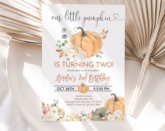 Onze kleine pompoen verjaardagsuitnodiging oranje pompoen 2e verjaardag uitnodiging aquarel boho bloemen rustiek herfst herfstbladeren BEWERKBARE AT16E