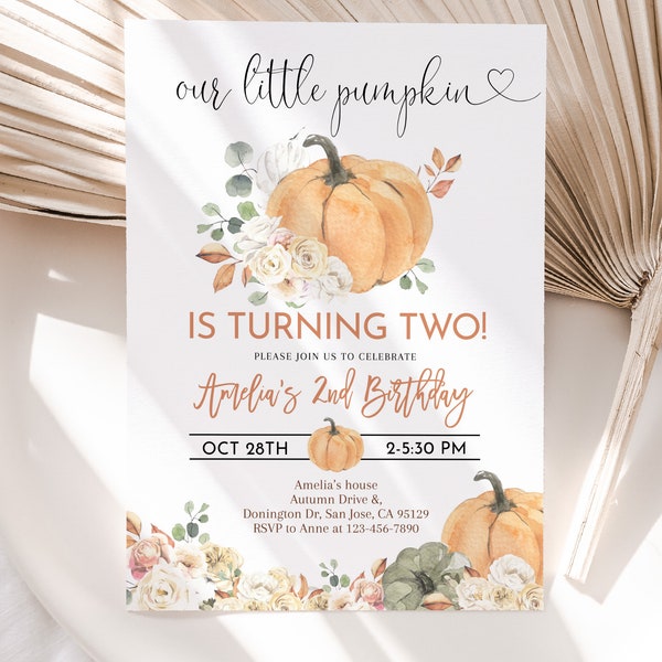 Our Little Pumpkin Birthday Invitation Boy Girl 2nd Birthday Party Invite Rustic Fall Autumn Leaves Orange Pink Pumpkin Patch EDITABLE AT16E