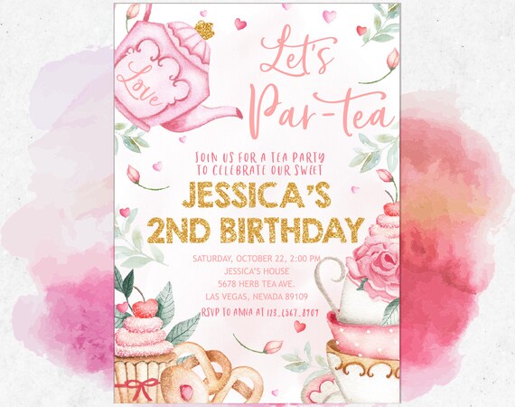 Tea Party Invitation Watercolor Birthday Invite Woman Par-tea