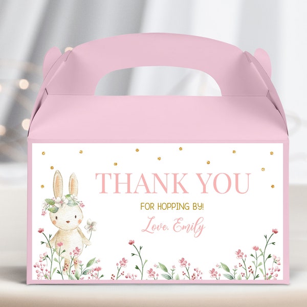 Bunny Birthday Gable Box Label Little Bunny Spring Baby Shower Party Favors Easter Rabbit Gift Treats Box Pink Gold Printable BS12P BT60P