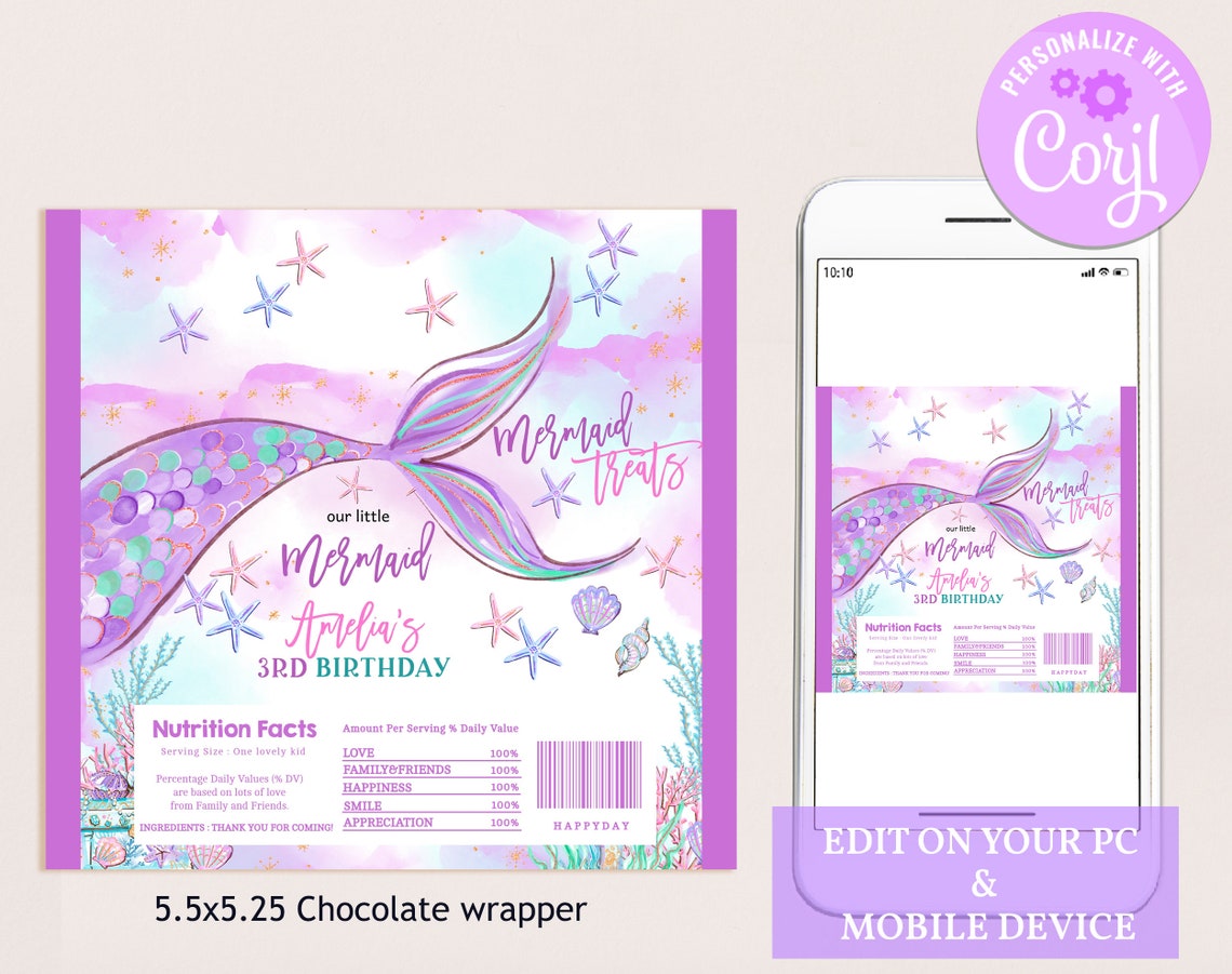 Mermaid Chocolate Wrapper Girl Birthday Party Decor Under the Sea Candy ...