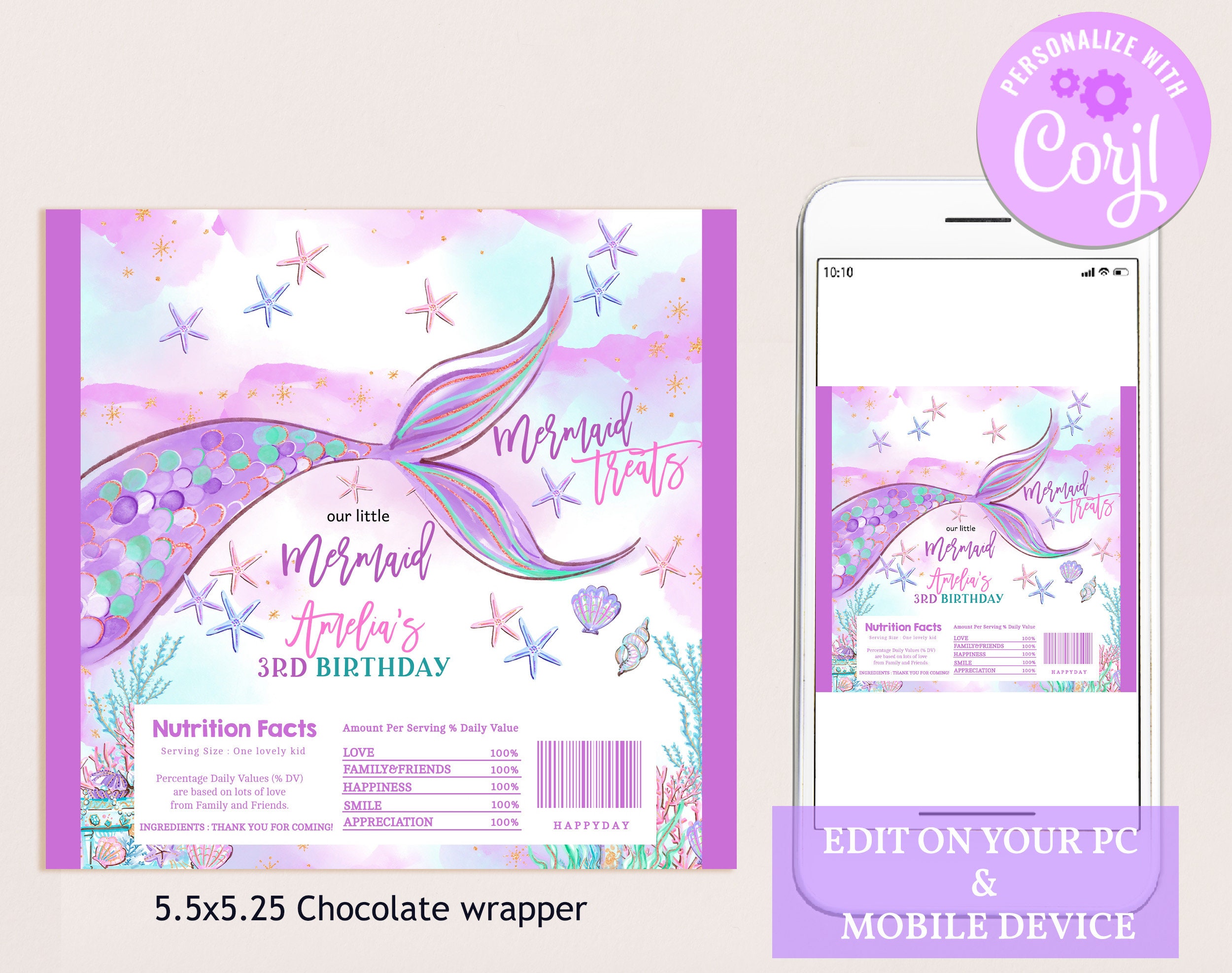 Wrapper Girl Mermaid Chocolate Wrapper Girl Birthday Party Decor Under the Sea Candy ...