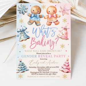 Pode incluir: Um convite para uma festa de revela&ccedil;&atilde;o de g&ecirc;nero com tema de p&atilde;o de gengibre. O convite apresenta duas pessoas de p&atilde;o de gengibre, uma azul e outra rosa, com o texto "What's Baking?" e as palavras "Gender Reveal Party" em uma faixa rosa e azul. O convite tamb&eacute;m inclui a data, a hora e o local da festa.