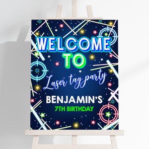 Laser Tag Welcome Sign Boy Gamer Birthday Party Decor Kids Tag Party Poster Neon Glow Blue Rainbow Arcade Game Porch EDITABLE BT63B