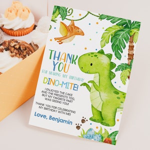 Tarjeta de agradecimiento para baby shower de dinosaurios. Decoración para fiesta de primer cumpleaños de niño. Linda nota de agradecimiento de dinosaurio. Animal de la selva salvaje imprimible. BS38B BT16B