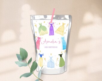 Princess Birthday Juice Pouch Labels Once Upon a Time Princess Dresses Drink Label Royal Girl Pink Dress Up Party Decor Printable AT14