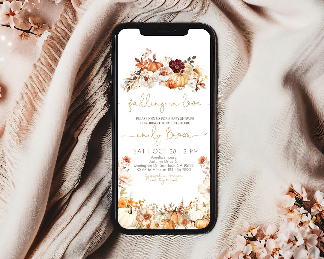 Falling in Love Baby Shower Evite Fall Pumpkin Floral Digital ...