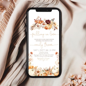 Sich verlieben Babyparty Evite Herbst Kürbis Blumen Digitale Einladung Boho Herbst Handy elektronischer Text einladen EDITIERBARE BS99O