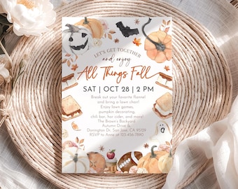 All Things Fall Invitation, Neighborhood Party Invite, Autumn Harvest Party, Fall Celebration, Backyard Camping Smore Pumpkin EDITABLE HL47O