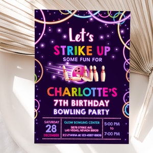 Bowling Birthday Invitation Let&#39;s Strike up Some Fun Birthday Party Invite Rainbow Neon Glow Laser Tag Boy Girl Kids Sports EDITABLE BT25P