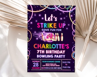 Bowling Birthday Invitation Let's Strike up Some Fun Birthday Party Invite Rainbow Neon Glow Laser Tag Boy Girl Kids Sports EDITABLE BT25P