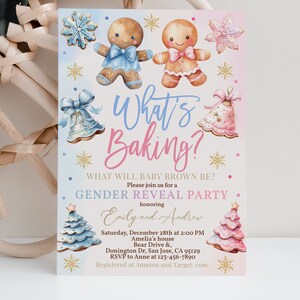 Convite para Chá de Bebê Revelação "O Que Está Assando?", Convite com Tema de Biscoito de Gengibre, Biscoito de Natal, Azul ou Rosa, Menino ou Menina, EDITÁVEL AS07M imagem 6