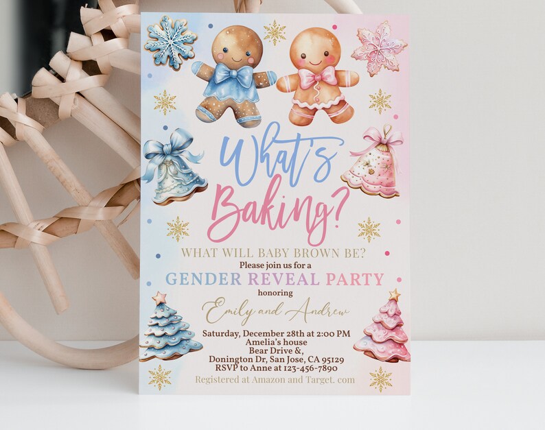 Convite para Chá de Bebê Revelação "O Que Está Assando?", Convite com Tema de Biscoito de Gengibre, Biscoito de Natal, Azul ou Rosa, Menino ou Menina, EDITÁVEL AS07M imagem 6
