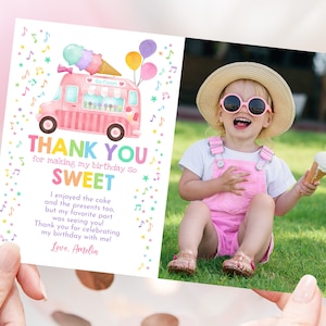 Ice Cream Truck Photo Thank You Card Girl Birthday Party Decor Summer Party Thank You Note Two Sweet One Here&#39;s the Scoop Printable BT69P