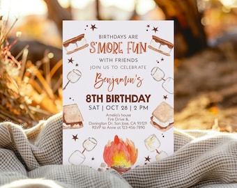 Zaproszenie na urodziny S'mores Zaproszenie na ognisko Zabawa S'mores z przyjaciółmi Impreza kempingowa na podwórku Obóz jesienny Ognisko na świeżym powietrzu EDYTOWALNE AT35O