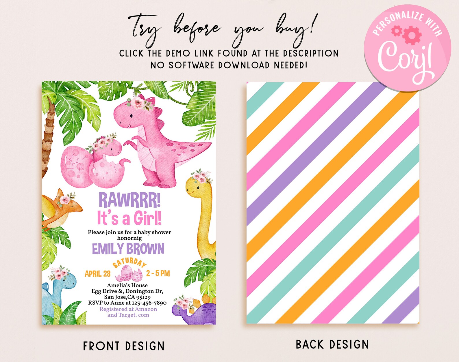 Dinosaur Baby Shower Invitation It's a Girl Pink Dino - Etsy