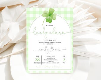 Lucky Charm Baby Shower Invitation, St Patrick's Day Gender Neutral Invite, Shamrock Green Clover Arch Gingham, Irish Party EDITABLE AS23G