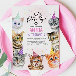 Cat Invitation Cat Birthday Invite Kitty Cat Birthday Party Animal Let's Pawty Are You Kitten Me Right Meow EDITABLE Digital Template BT80