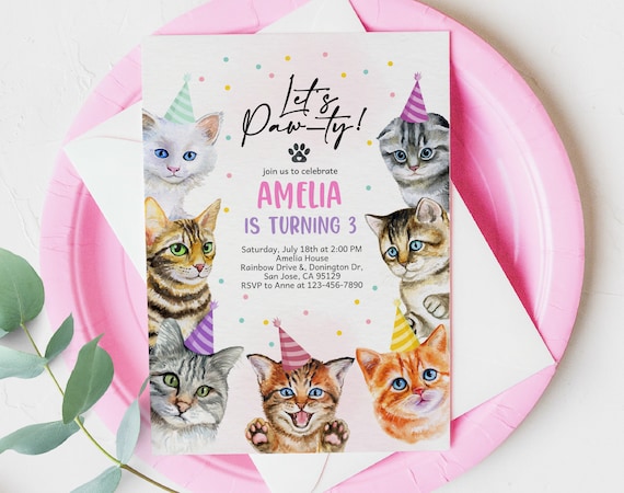 Cat Invitation Cat Birthday Invite Kitty Cat Birthday Party - Etsy