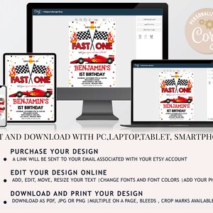 May include: Editable printable invitation for a first birthday party with a race car theme. The invitation features a red race car with black chequered flags and flames. The text on the invitation reads "Growing Up Fast One" and "Benjamin's 1st Birthday".