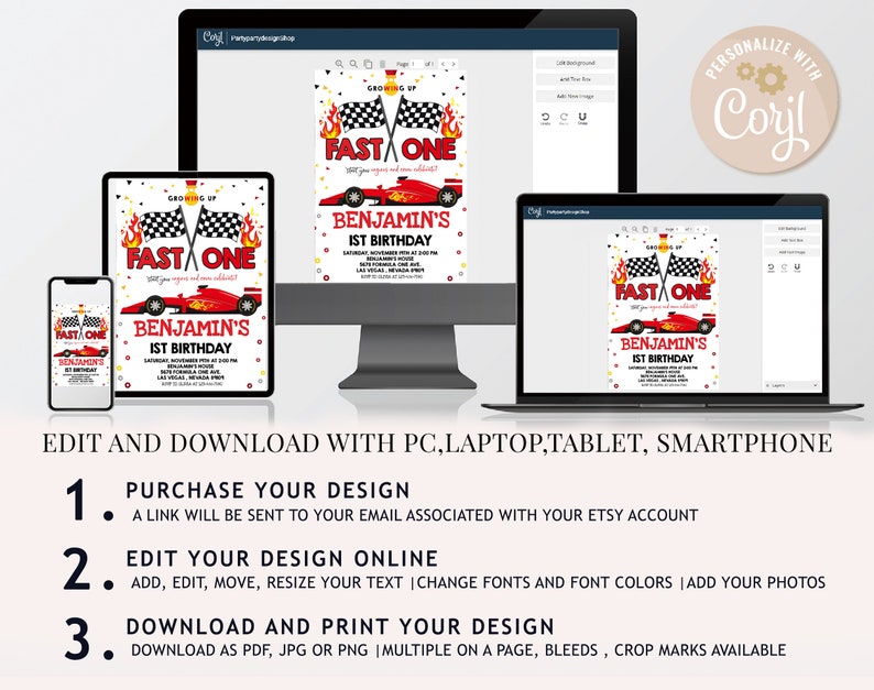 May include: Editable printable invitation for a first birthday party with a race car theme. The invitation features a red race car with black chequered flags and flames. The text on the invitation reads "Growing Up Fast One" and "Benjamin's 1st Birthday".