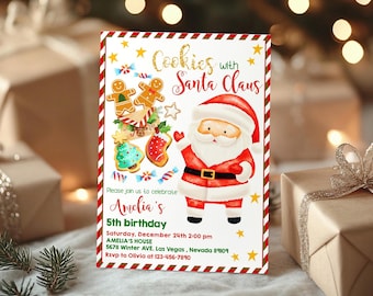 Cookies with Santa Claus Birthday Invitation, Christmas Cookie Invite, Winter Holiday Brunch Party, Red Green Gingerbread, EDITABLE BT08