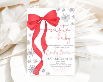 Red Coquette Bow Baby Shower Invitation, Silver Snowflakes, Santa Baby Invite, Christmas Ribbon, Winter Wonderland, Holiday EDITABLE AS71R
