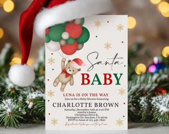 Christmas Teddy Bear Baby Shower Invitation, Santa Baby Invite, December Winter Holiday Party, Red, Green, Gold Snowflakes EDITABLE BS33R